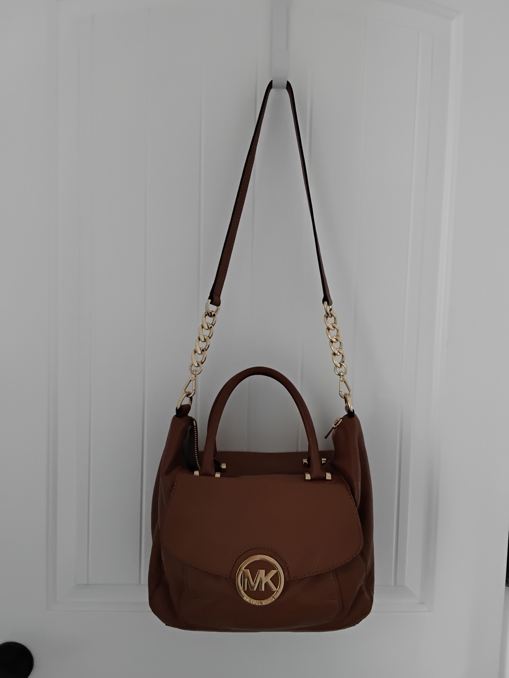 Michael Kors Brown Leather Purse Shoulder Bag Tote with Gold MK Accent